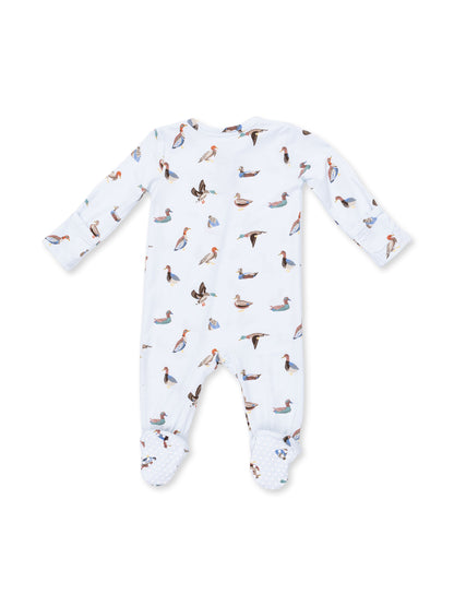 Light blue baby onesie with various bird prints, featuring long sleeves and polka dot foot grips.