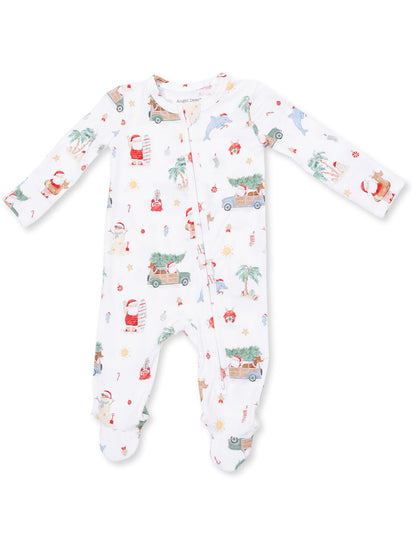 White baby onesie featuring colorful holiday-themed graphics, including Santa, palm trees, and a truck with a Christmas tree.