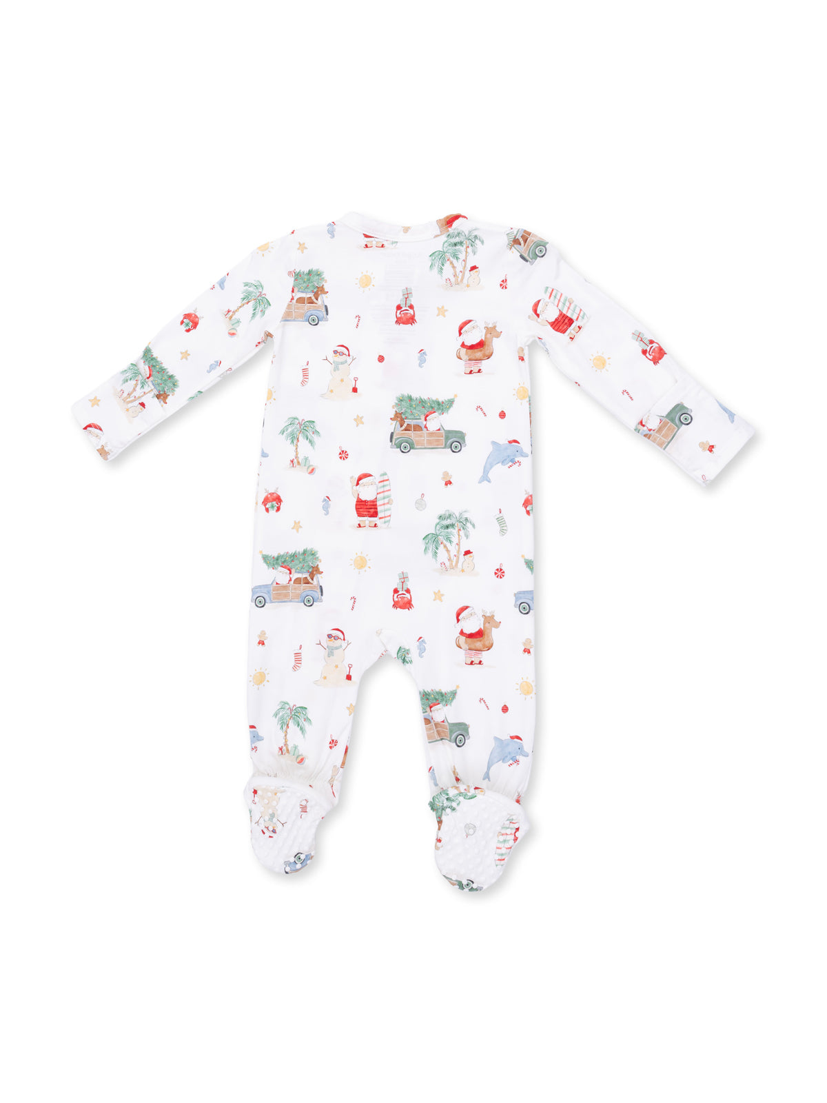 White baby onesie with festive prints of Santa, palm trees, and beach scenes. Ideal for holiday wear.