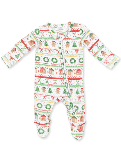 Holiday-themed infant onesie with gingerbread, trees, and festive patterns.