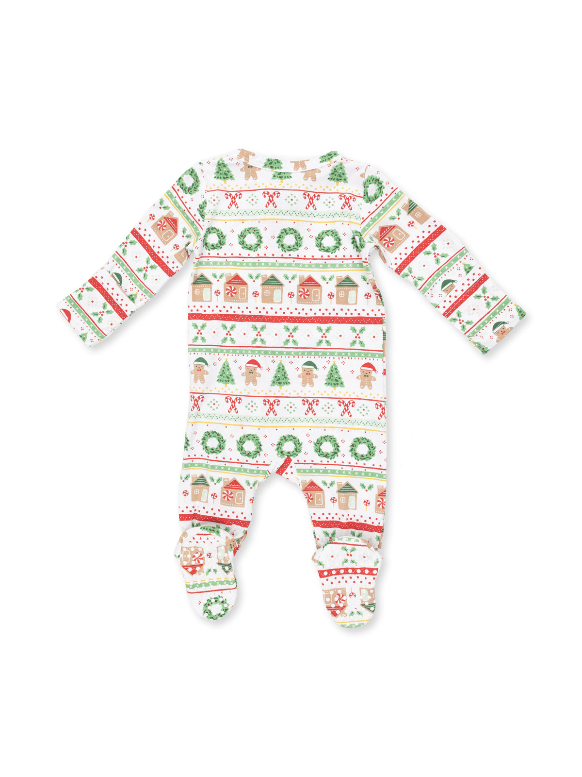 Holiday-themed baby onesie with festive prints of trees, gingerbread, and candy canes. Ideal for seasonal occasions.