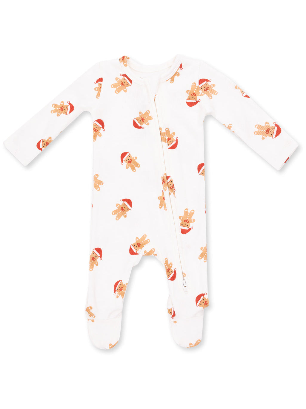 White onesie with gingerbread men wearing Santa hats, featuring a zipper and long sleeves. Ideal for holiday wear.