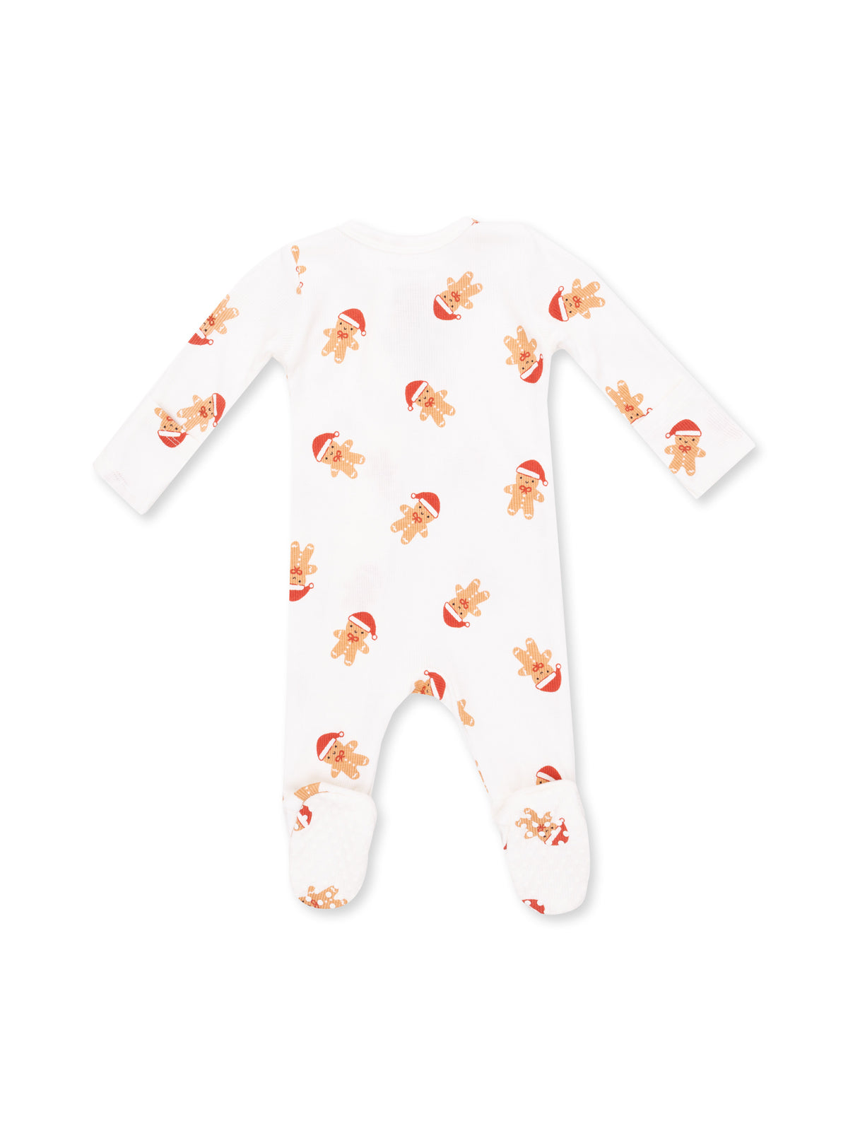 White baby onesie with gingerbread man and Santa hat prints, featuring long sleeves and footed design.
