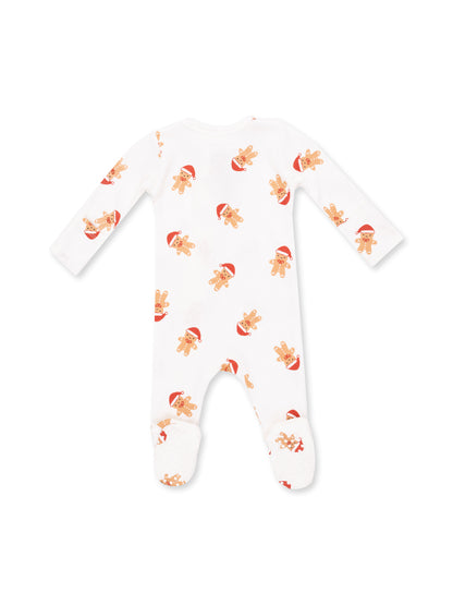 White baby onesie with gingerbread man and Santa hat prints, featuring long sleeves and footed design.