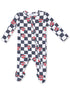 Black and white checkered onesie featuring red heart prints labeled "MOM" and "DAD." Cozy and playful design.