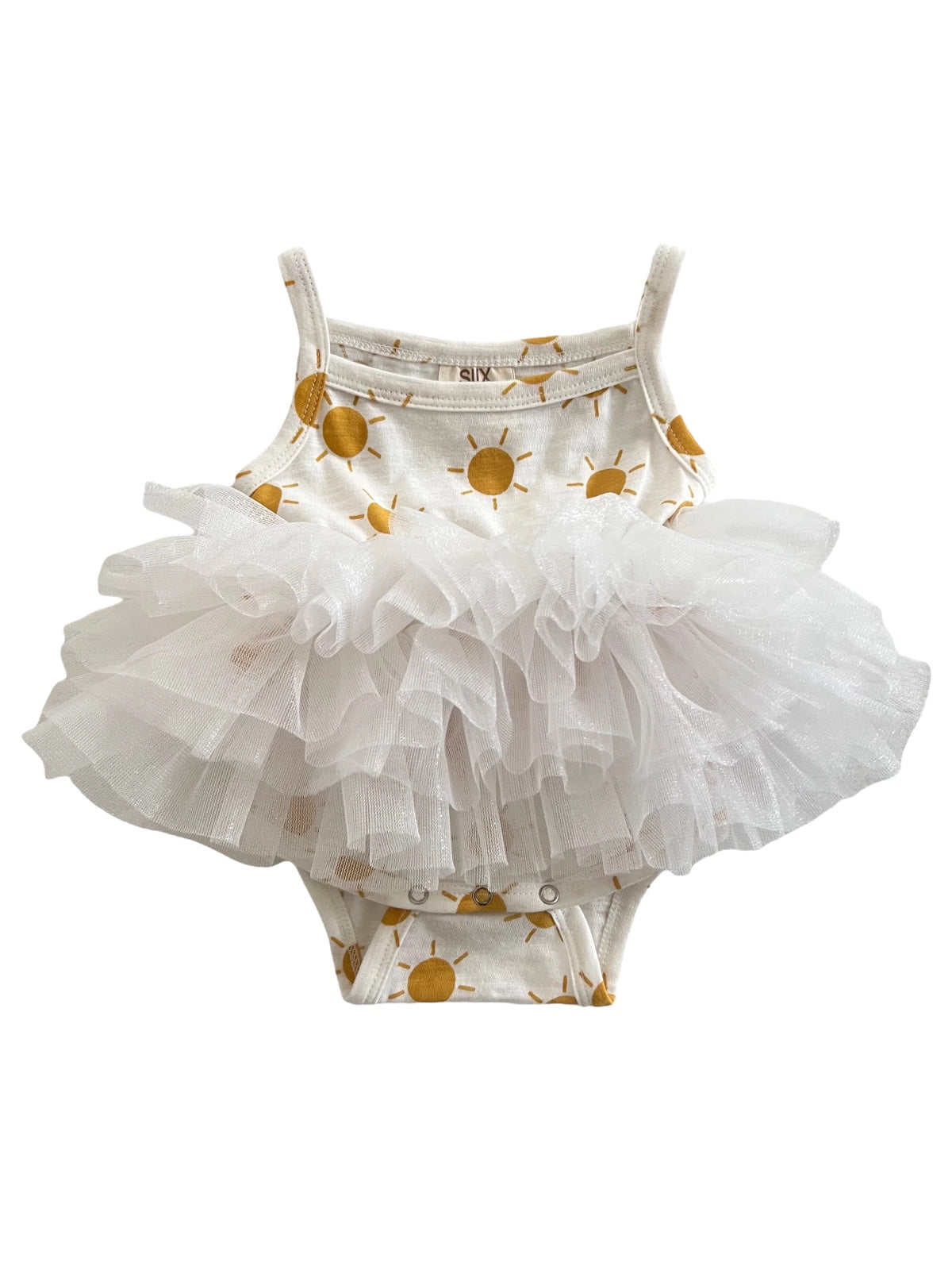 White onesie with sun prints, featuring a fluffy white tulle tutu skirt. Perfect for summer outfits.