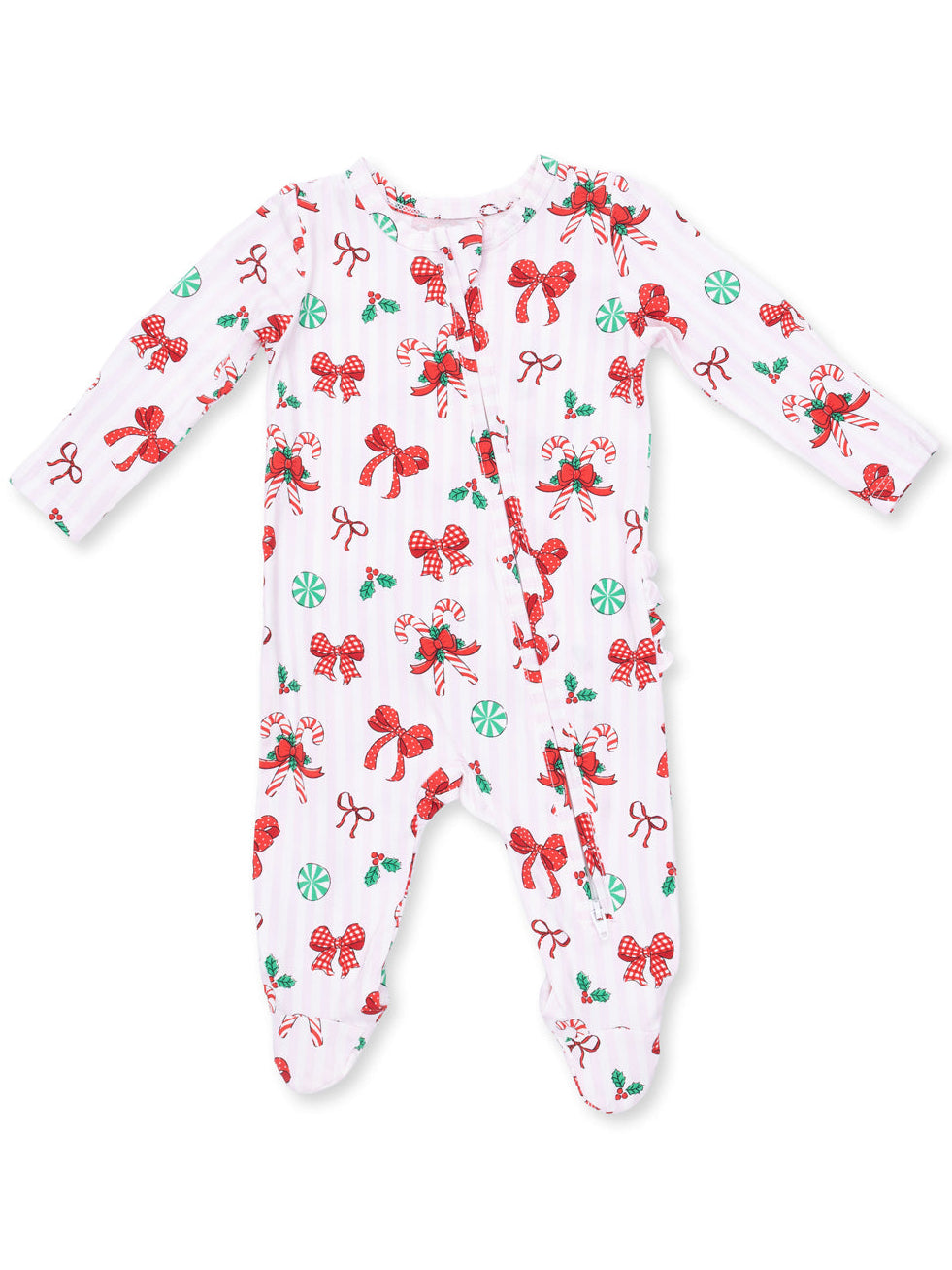 2-Way Zip Ruffle Footie, Bows & Candy Canes
