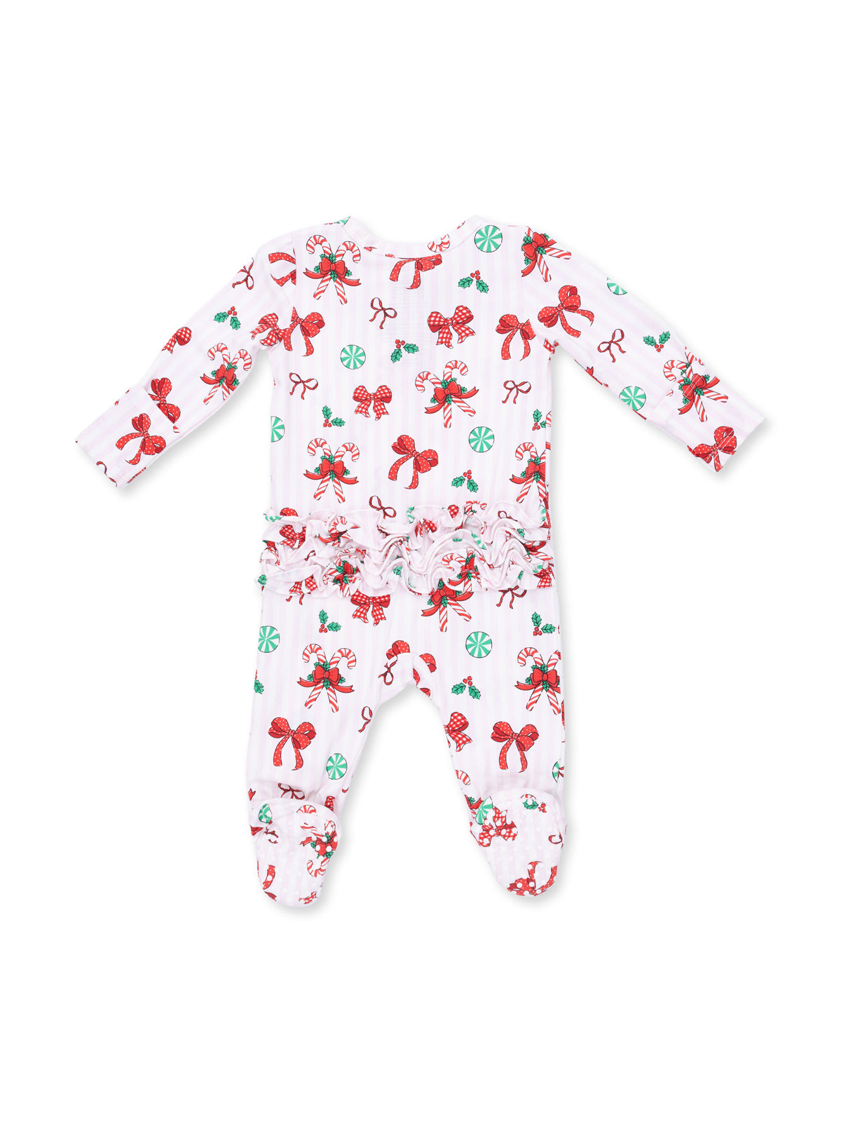 2-Way Zip Ruffle Footie, Bows & Candy Canes