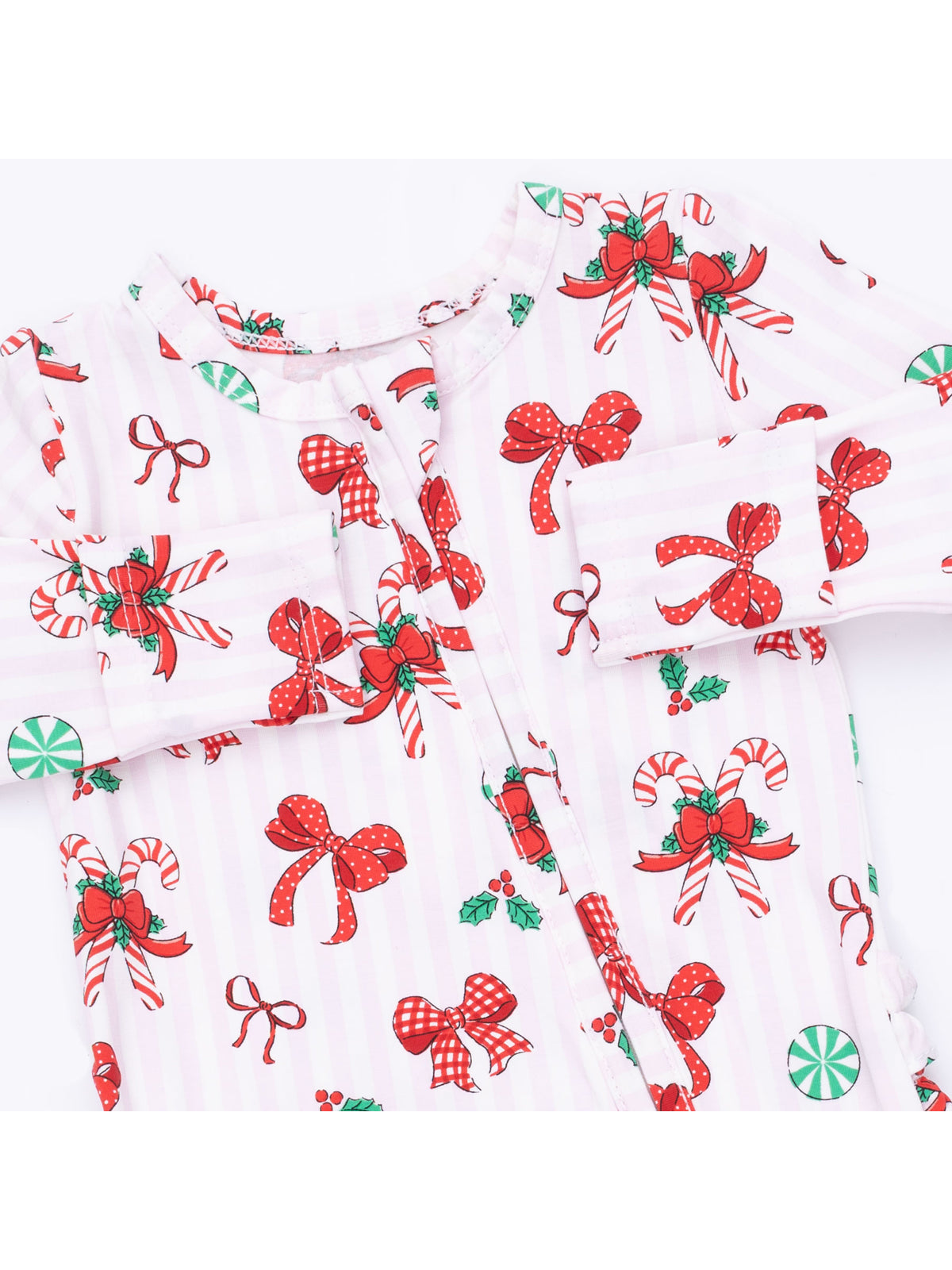2-Way Zip Ruffle Footie, Bows & Candy Canes