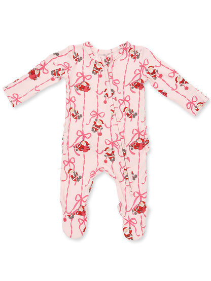 Pink infant onesie decorated with Santa and bow patterns, featuring long sleeves and footed design.