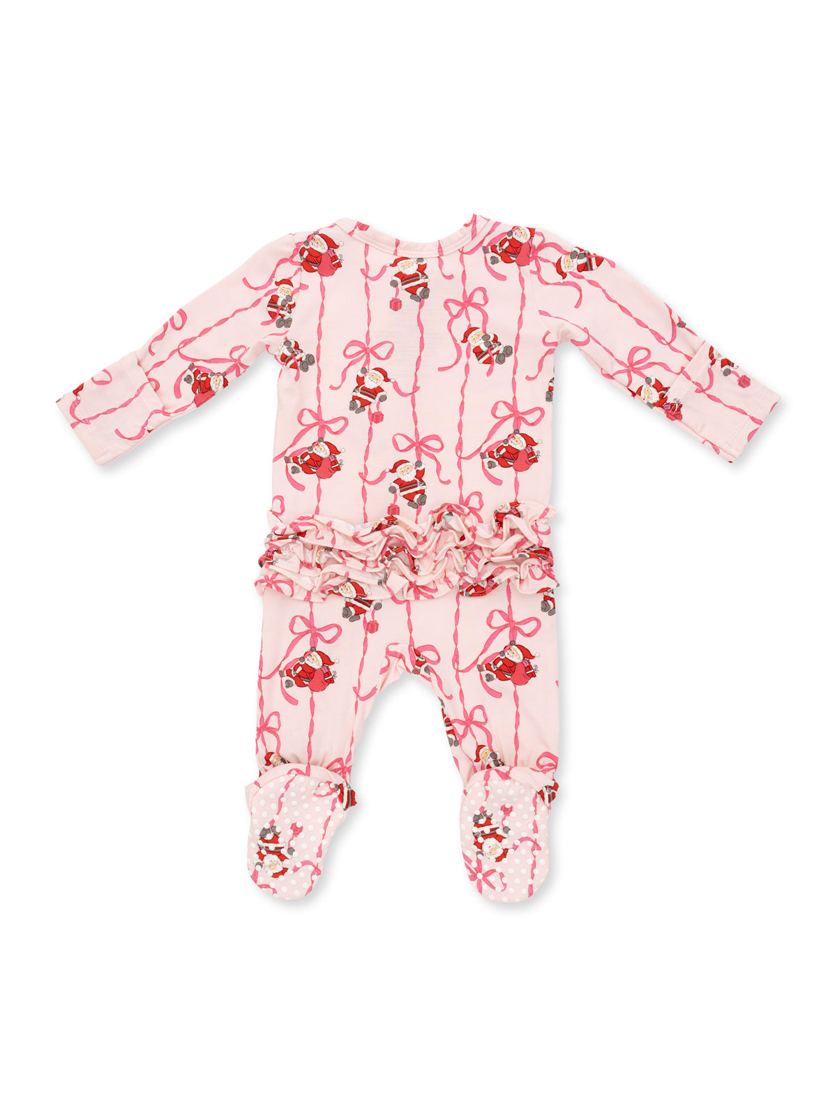 Pink baby onesie with festive bow and character prints, featuring ruffles and footed design. Perfect for cozy wear.