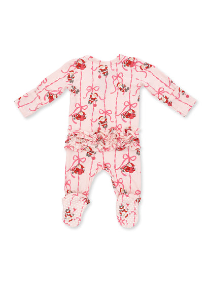 Pink baby onesie with festive bow and character prints, featuring ruffles and footed design. Perfect for cozy wear.