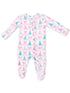 White baby onesie with pink and blue tree patterns and bows, featuring long sleeves and footed design.