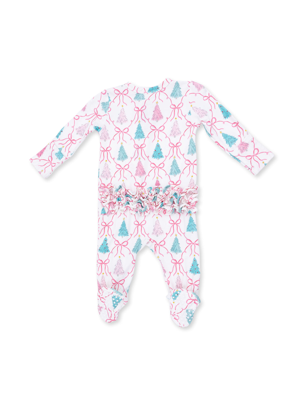 White baby onesie with colorful tree and ribbon patterns, featuring ruffled trim at the waist.