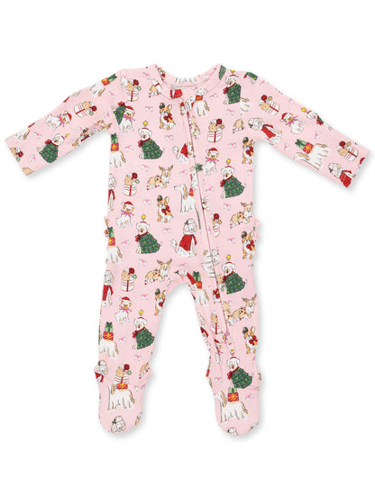 Pink children's pajamas with festive dog and gift prints, featuring long sleeves and a front zipper.