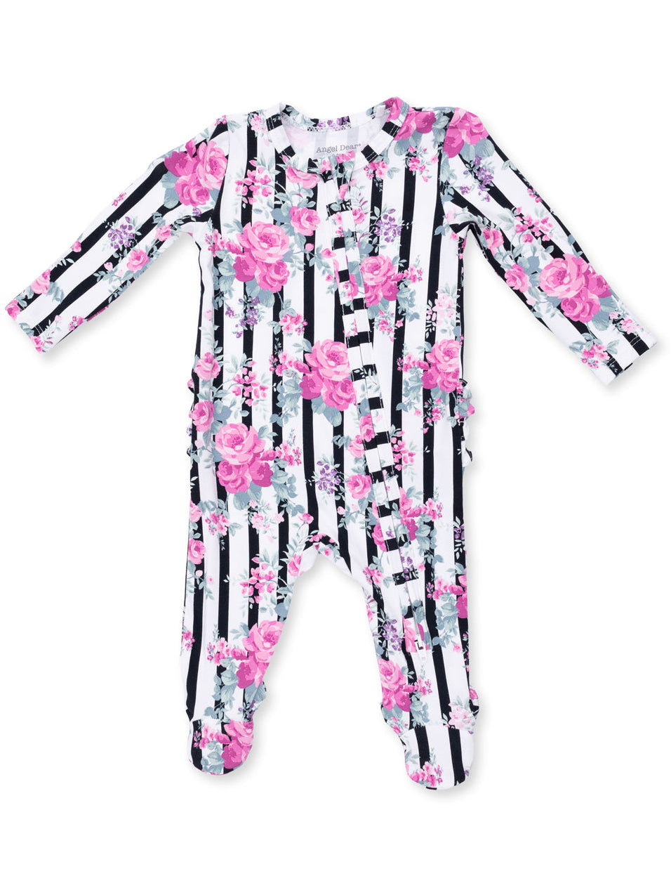 Floral patterned baby onesie with black and white stripes, featuring long sleeves and footed design.