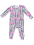 Floral patterned baby onesie with black and white stripes, featuring long sleeves and footed design.