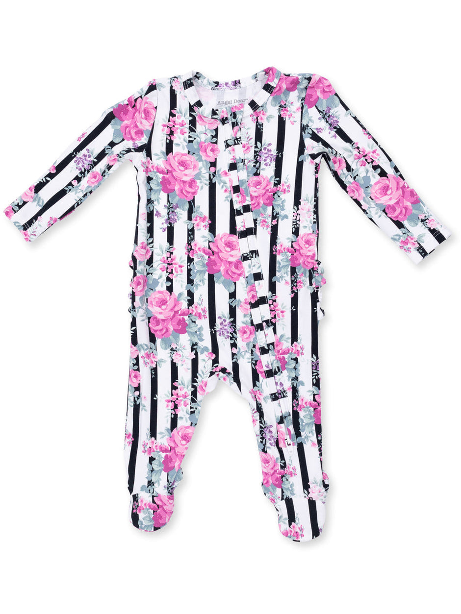 Floral patterned baby onesie with black and white stripes, featuring long sleeves and footed design.
