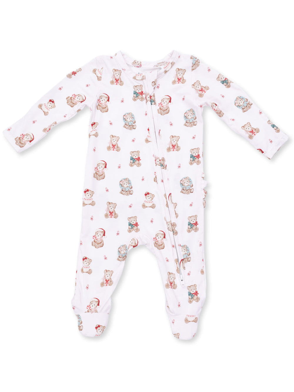 2-Way Zip Ruffle Footie, Christmas Teddy Bears Pink