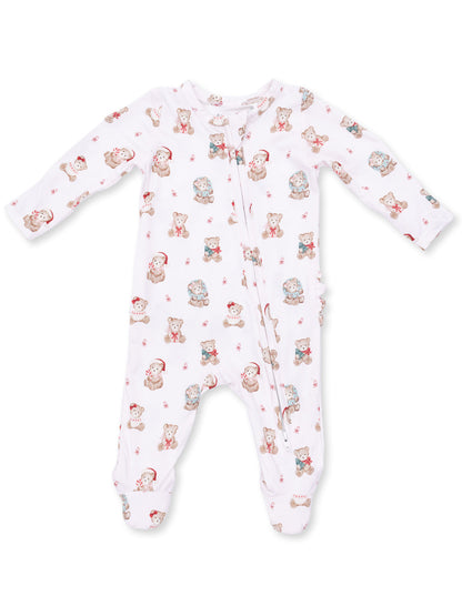 2-Way Zip Ruffle Footie, Christmas Teddy Bears Pink