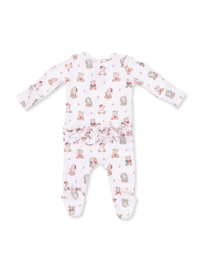 2-Way Zip Ruffle Footie, Christmas Teddy Bears Pink