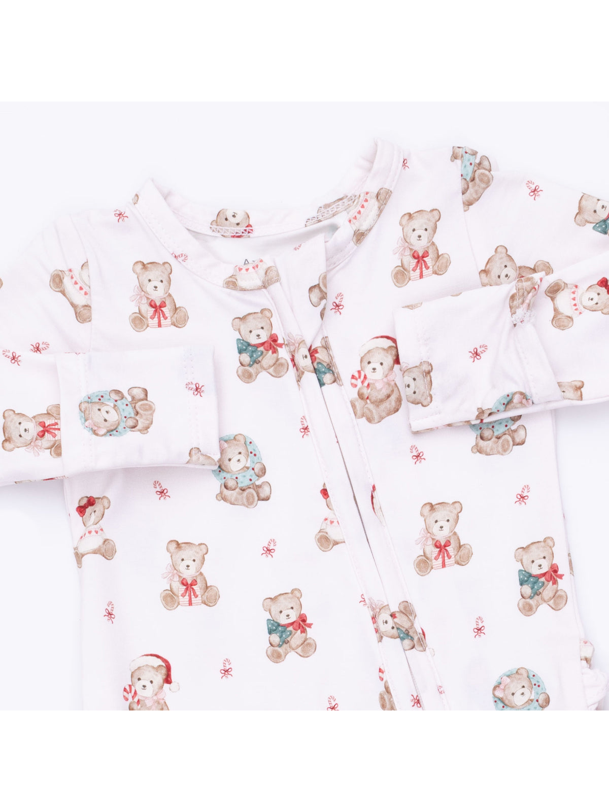 2-Way Zip Ruffle Footie, Christmas Teddy Bears Pink