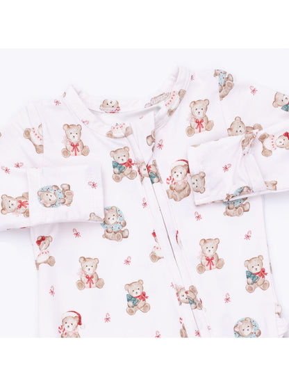 2-Way Zip Ruffle Footie, Christmas Teddy Bears Pink