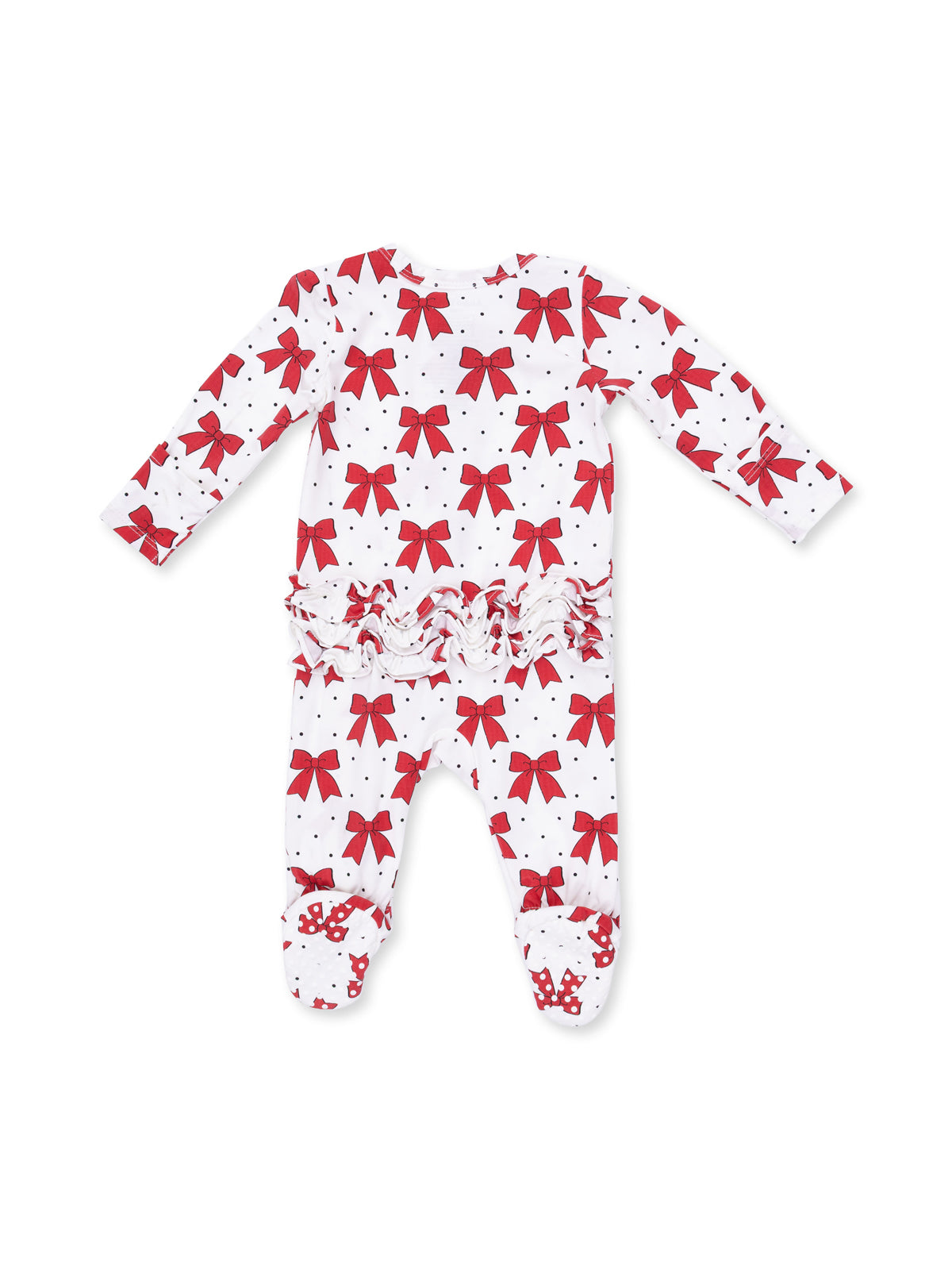 Red bow print footed pajamas with ruffles and polka dots on a white background.