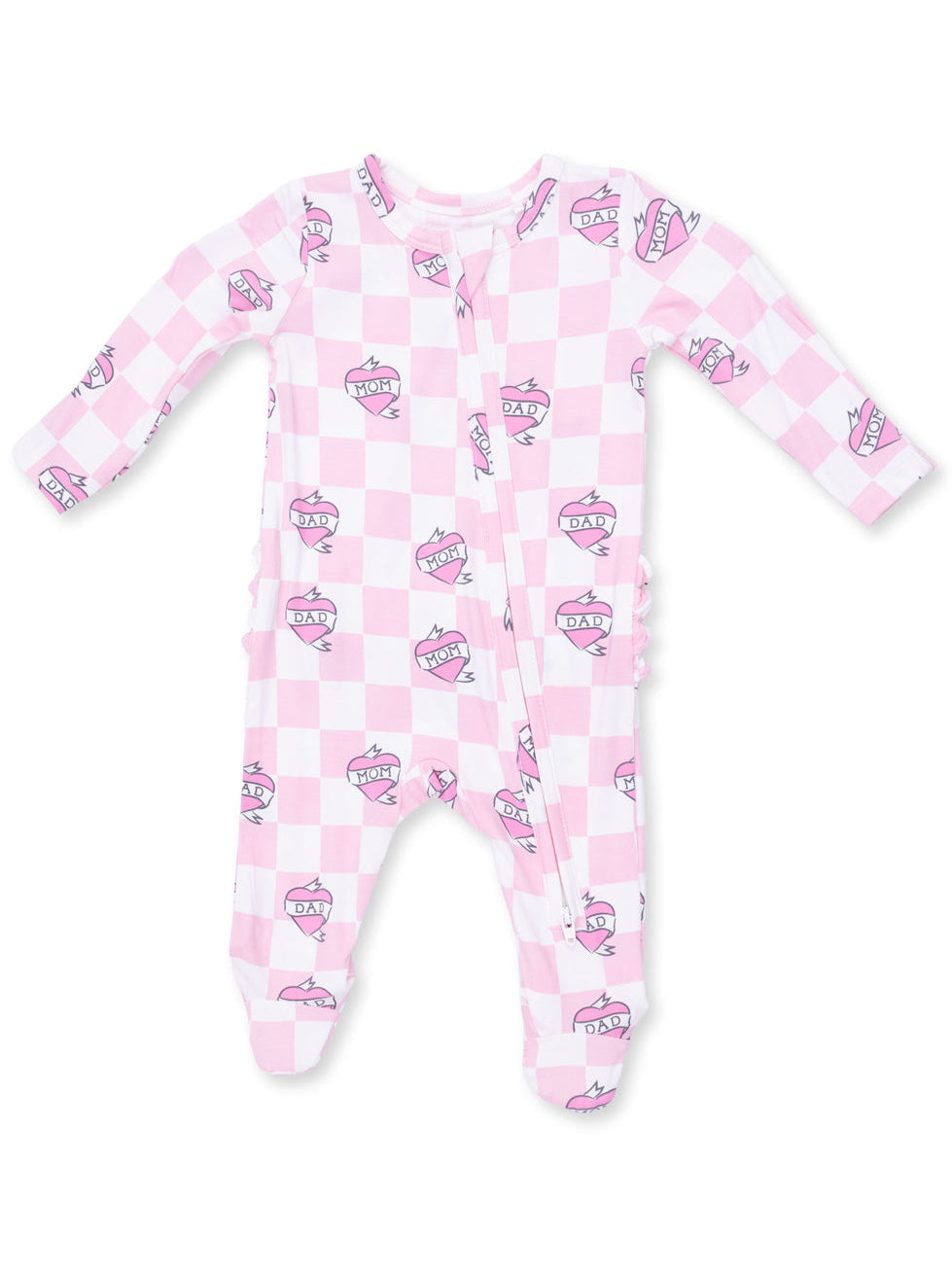 Pink checkered onesie with "Mom" and "Dad" graphics, featuring long sleeves and a front zipper.