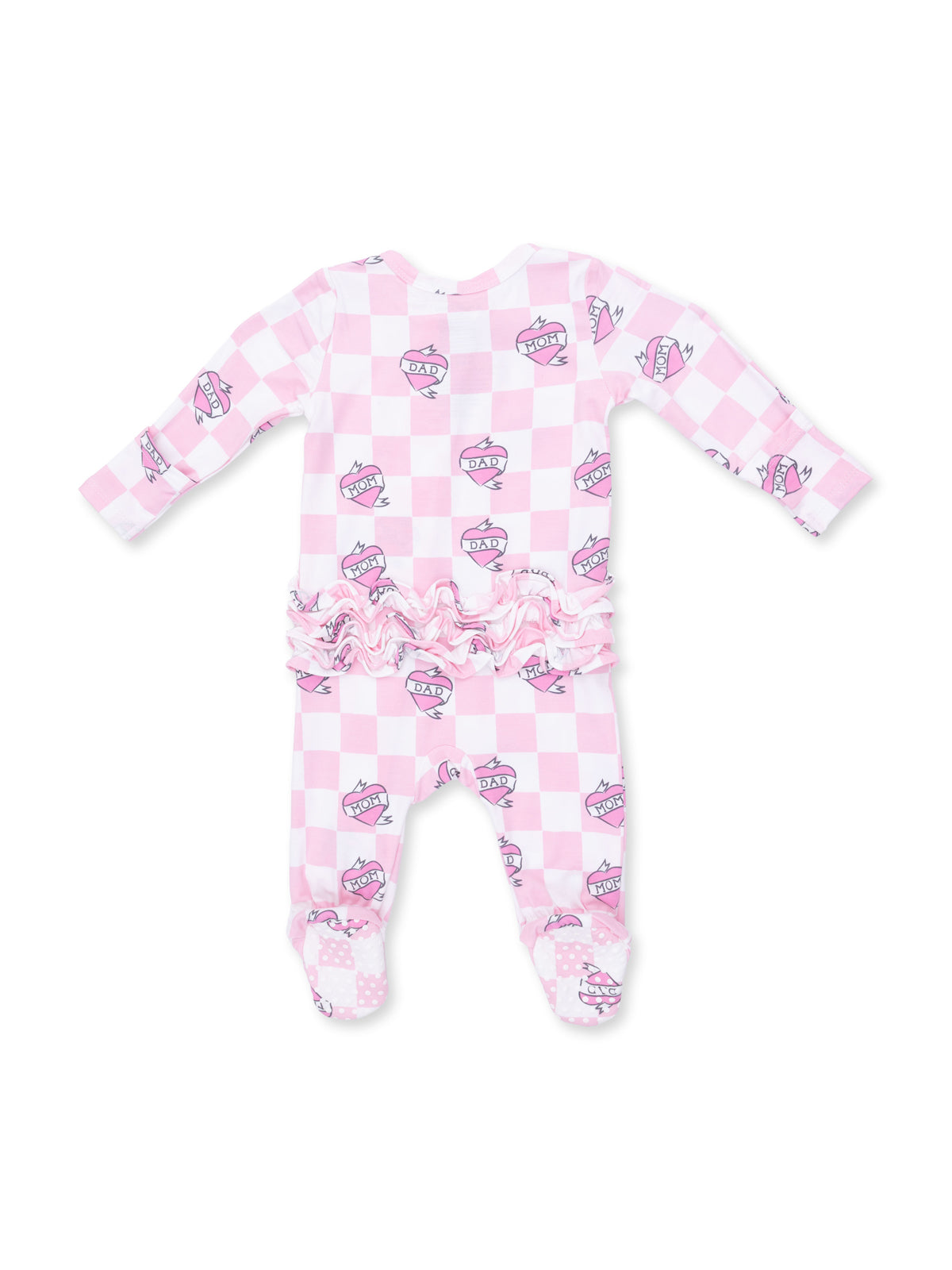 Pink checkered onesie with cupcake and heart graphics, featuring ruffled waist and footed design for infants.