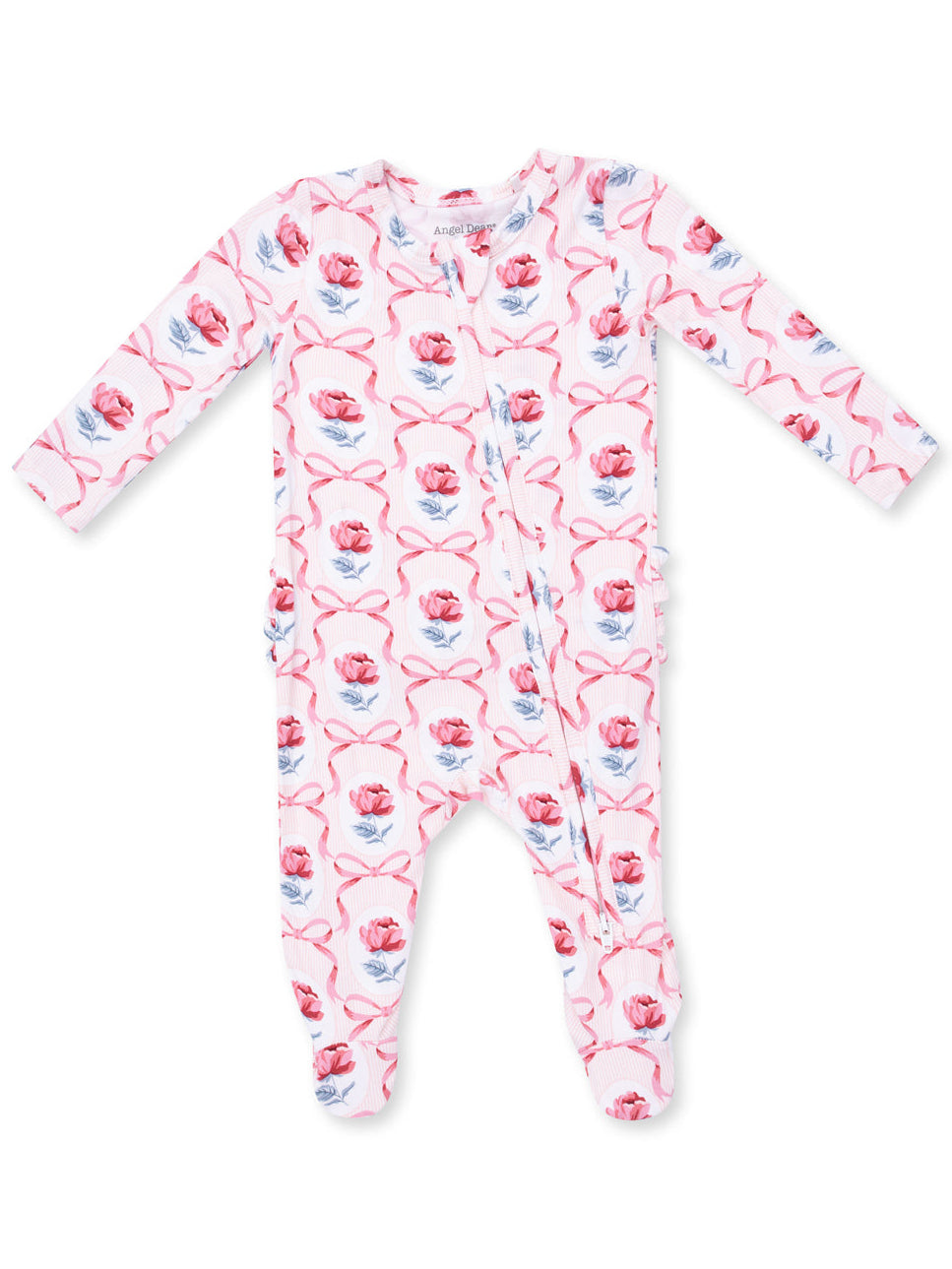 Pink floral infant onesie with long sleeves and front snap closure, featuring roses and ribbons in a playful pattern.