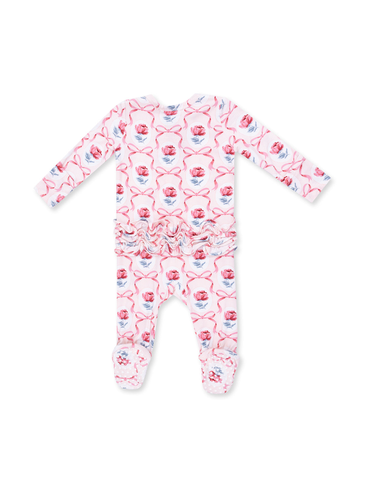 Floral-patterned baby onesie in pink with a ruffled waist and footed design.