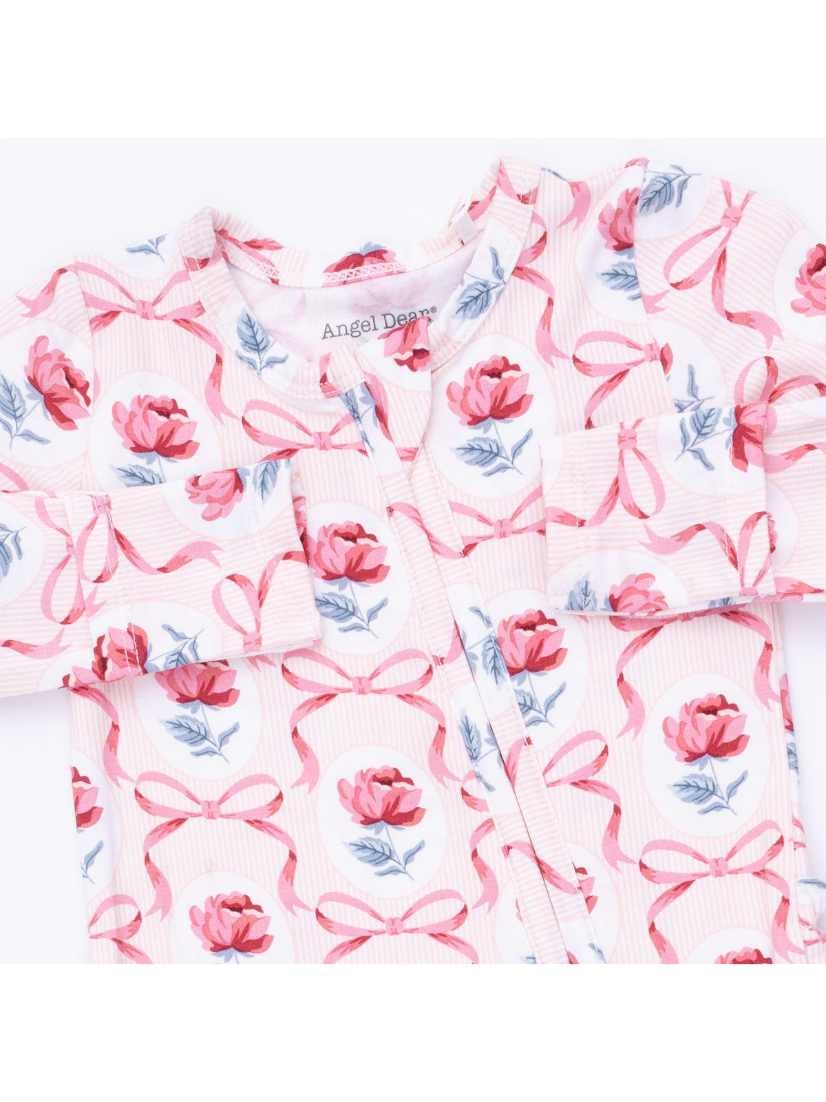 Floral baby outfit featuring pink roses and bows on a light background, labeled "Angel Dear."