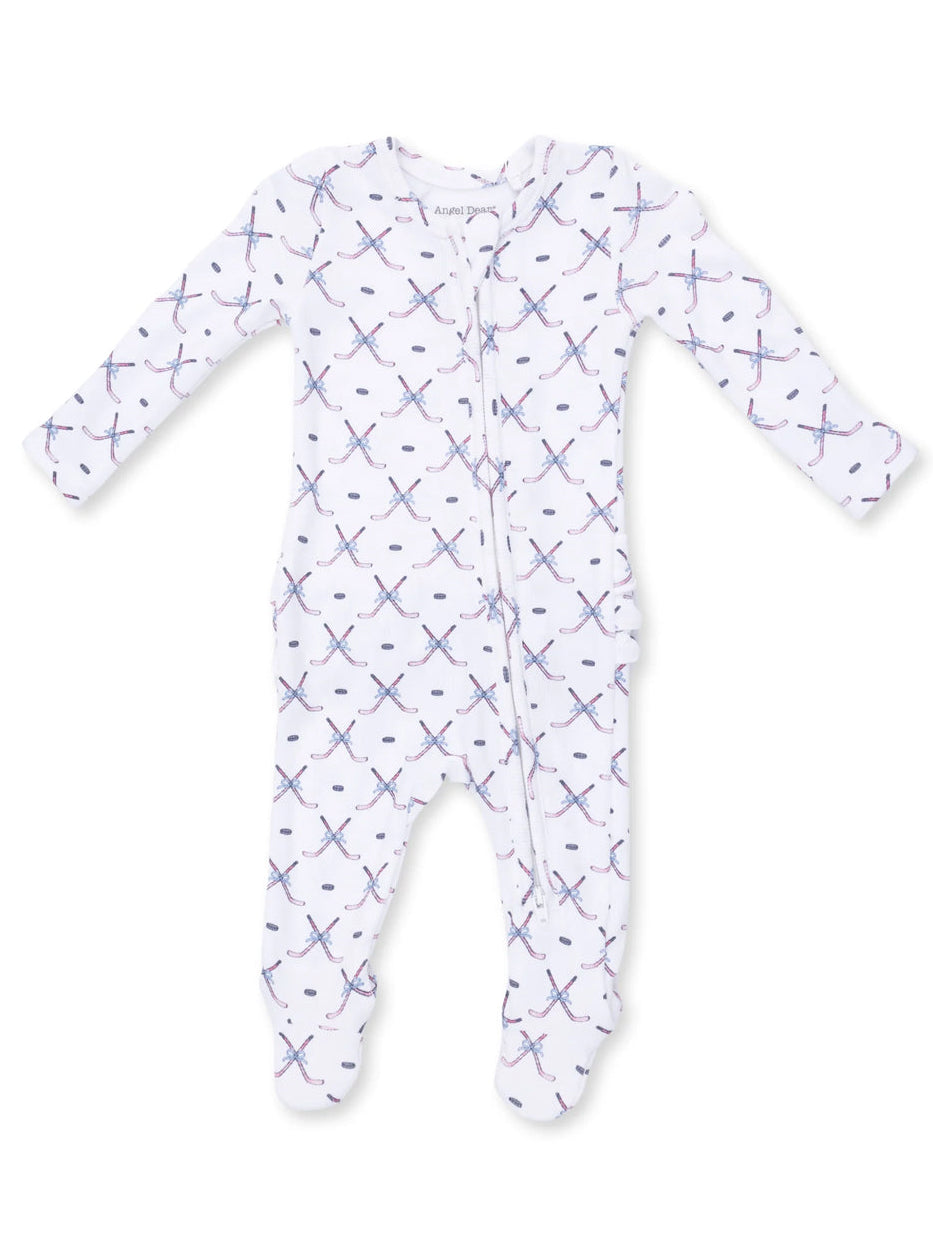 Ribbed 2-Way Ruffle Zip Footie, Simple Hockey Pink