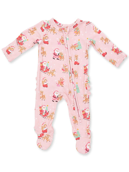 2-Way Zip Ruffle Footie, Vintage Reindeer & Santa Pink