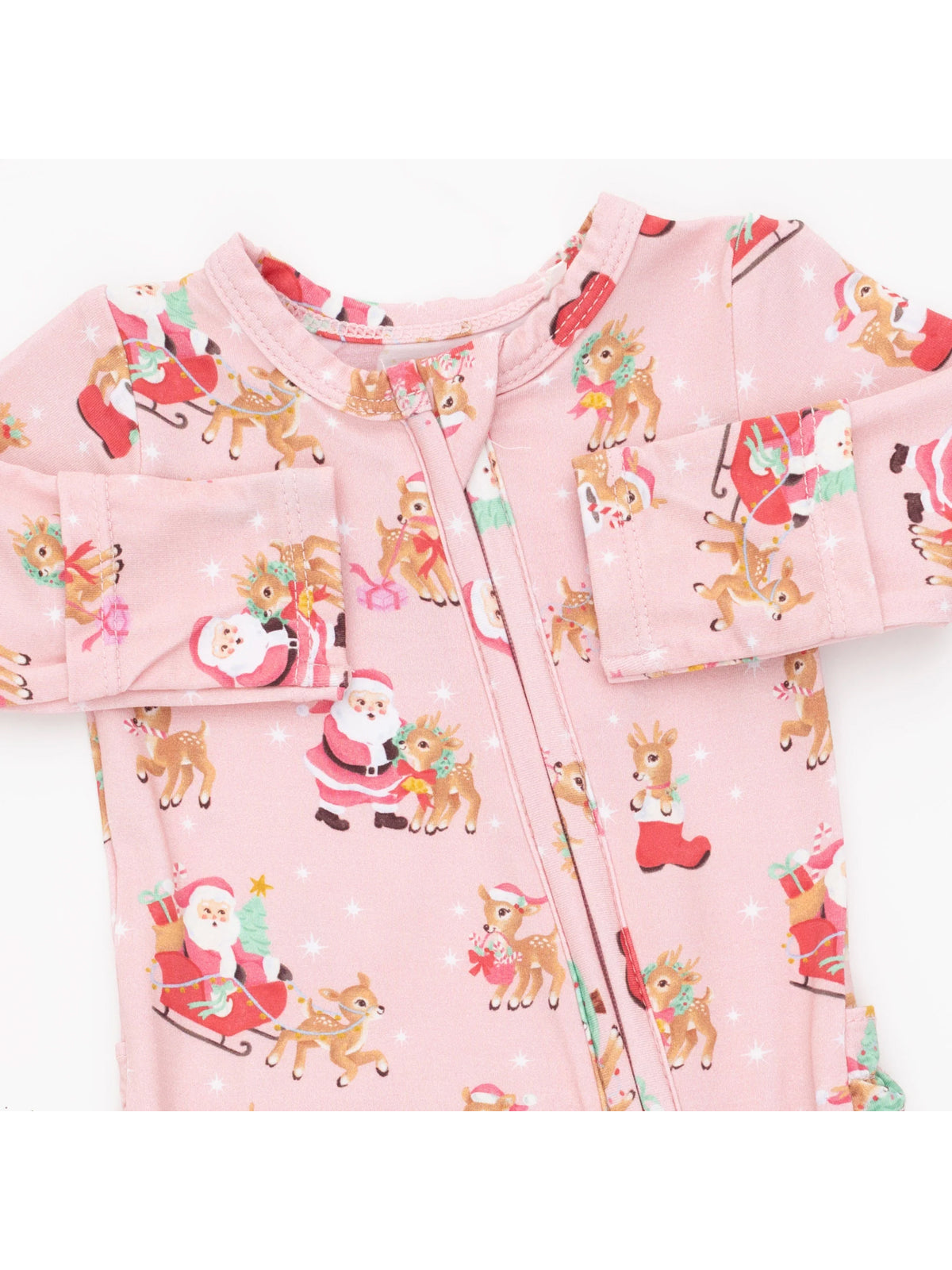 2-Way Zip Ruffle Footie, Vintage Reindeer & Santa Pink