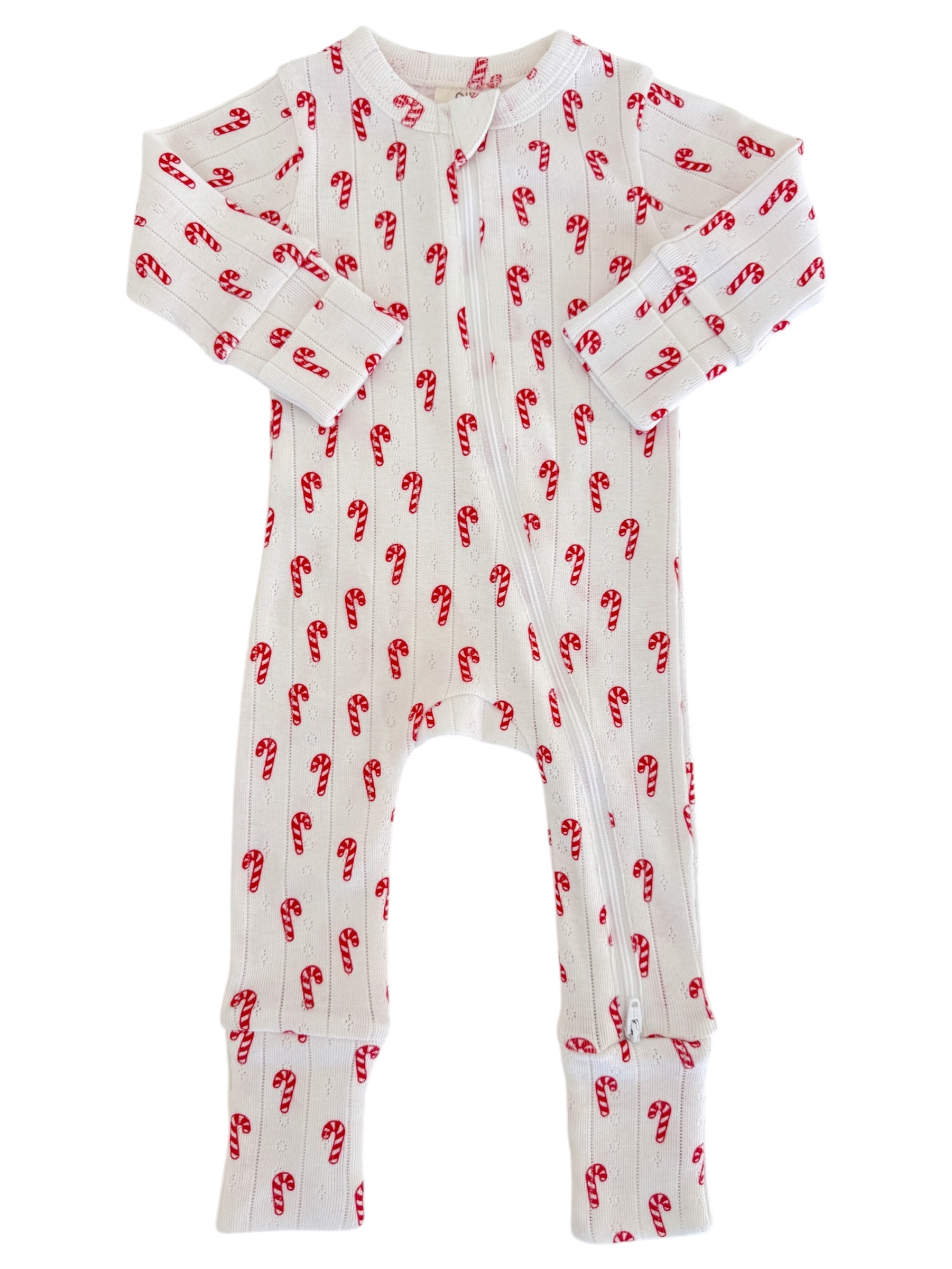 Red and white candy cane patterned baby onesie with long sleeves and a front zipper. Ideal for holiday wear.