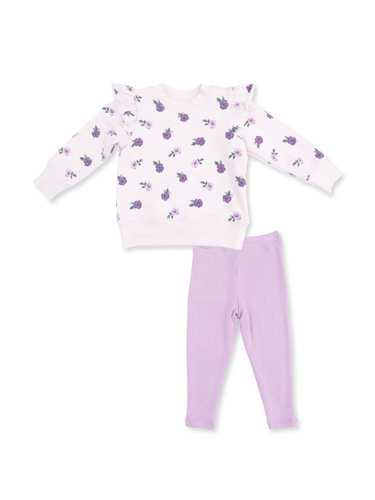 Toddler outfit with a floral print sweatshirt and purple leggings, featuring ruffle details on the sleeves.