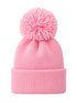 Pink knit beanie with a large pom-pom on top, perfect for winter fashion and warmth.