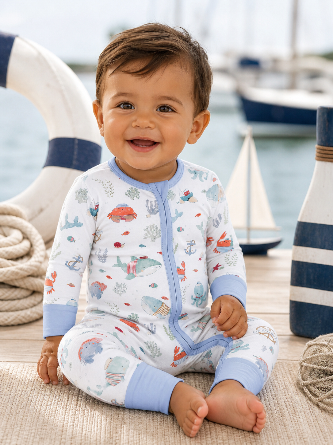 Smiling toddler in nautical-themed pajamas, seated on a wooden deck by the water, surrounded by maritime decor.