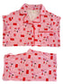 Pink pajama set featuring a playful pattern of mailboxes and hearts, including a top and matching pants.