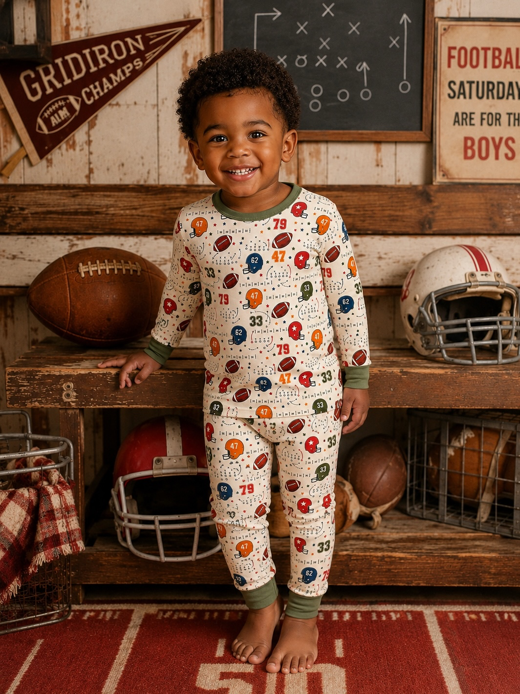Smiling child in football-themed pajamas stands in a cozy, sports-inspired setting with footballs and helmets.