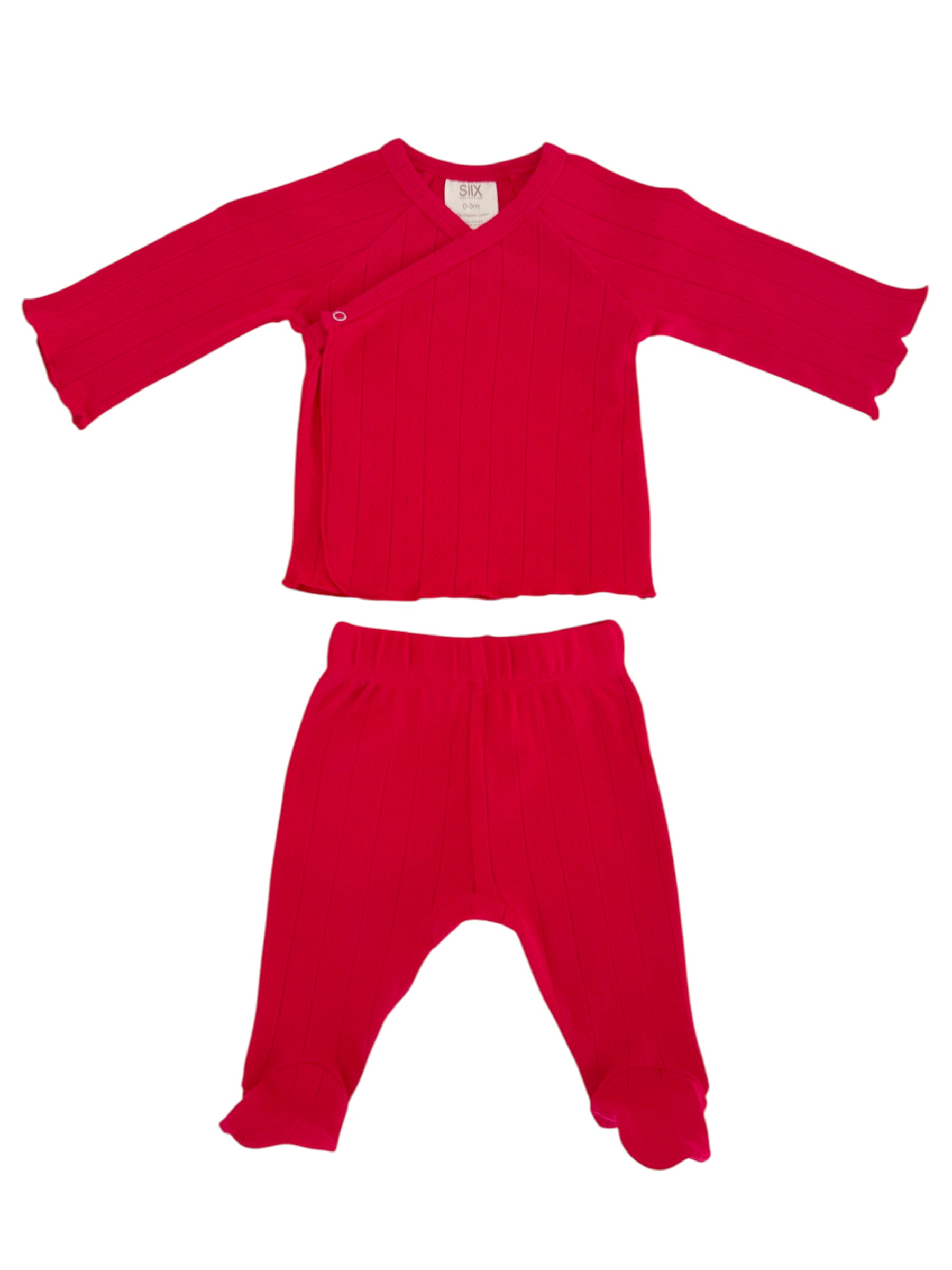 Red baby outfit including a wrap-style top and matching pants with ribbed texture and flared sleeves and cuffs.