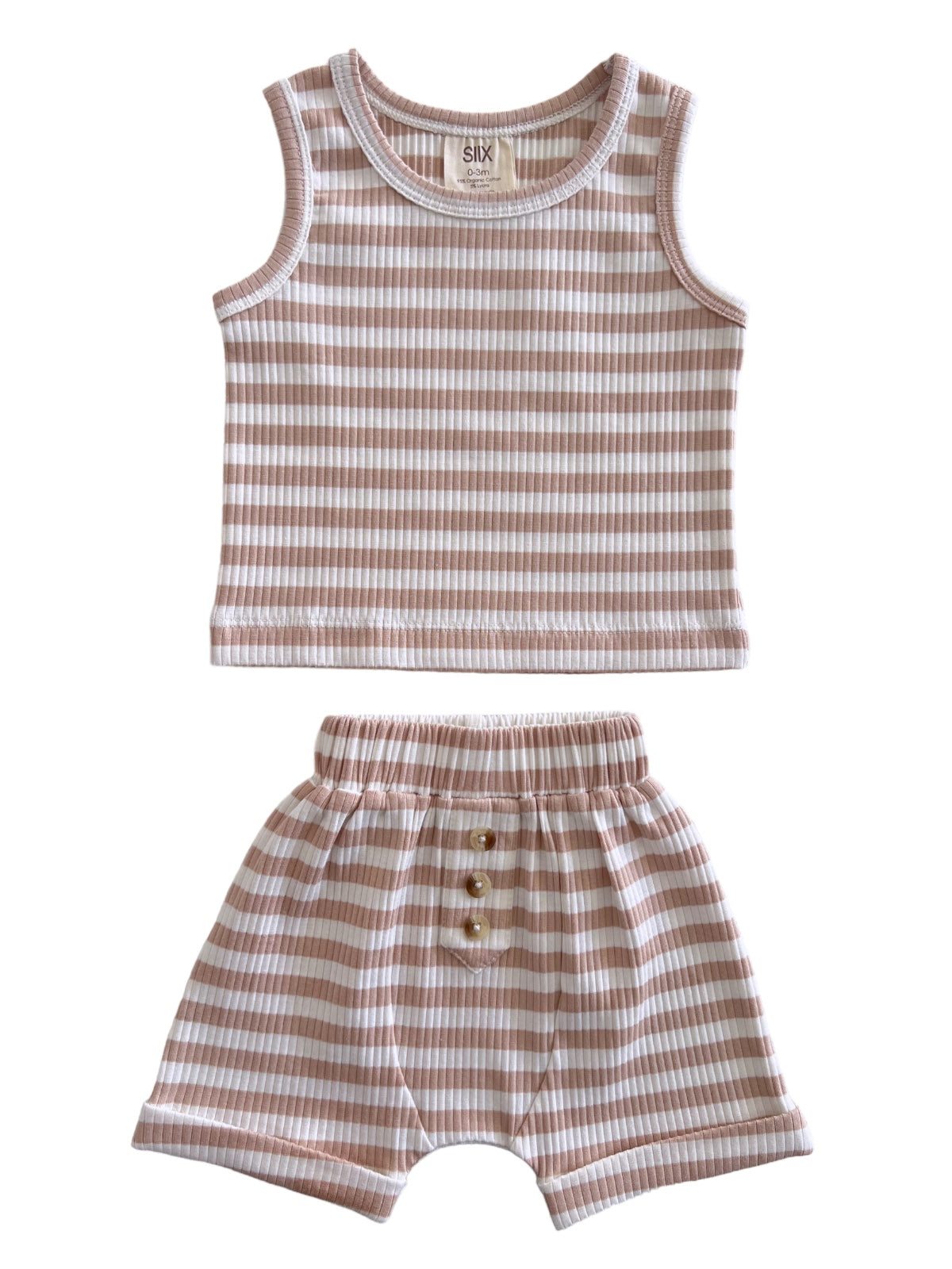 Tan and white striped kids' outfit featuring a sleeveless top and matching shorts with button accents.