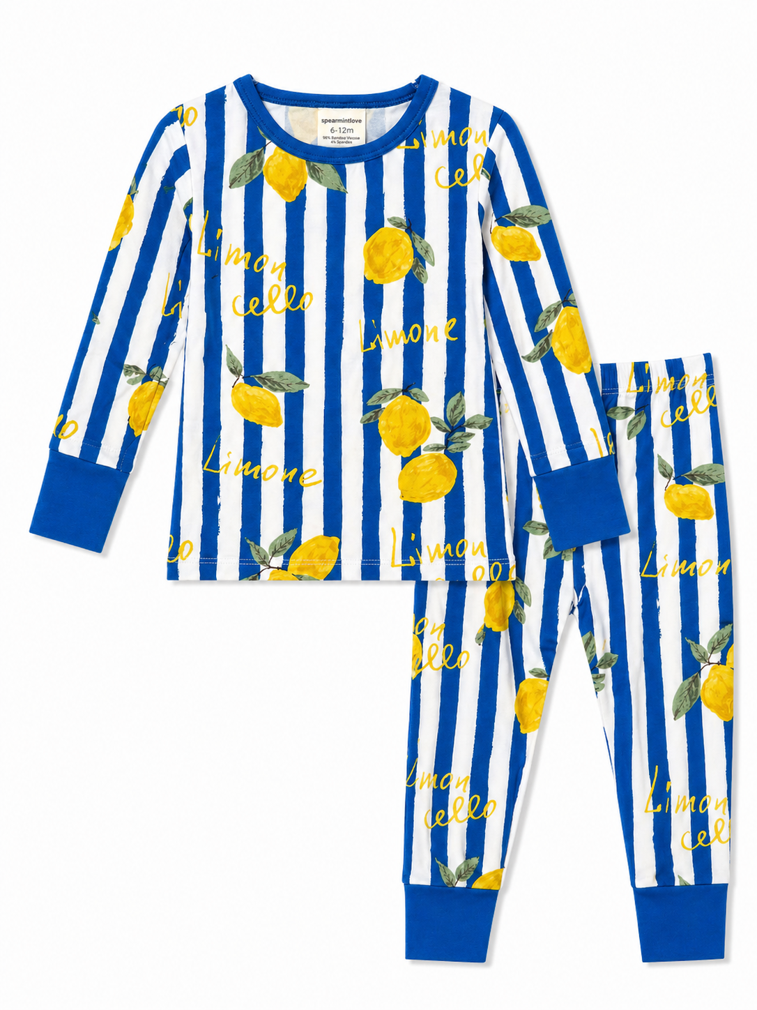 Blue and white striped pajama set with lemon print and "Limone" text, perfect for toddlers aged 6-12 months.
