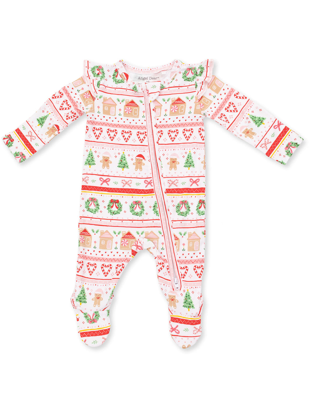 White infant onesie with festive gingerbread and holiday house patterns, featuring a front zipper and ruffled shoulders.