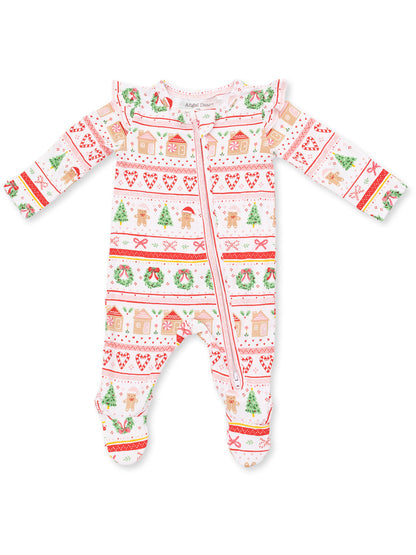 White infant onesie with festive gingerbread and holiday house patterns, featuring a front zipper and ruffled shoulders.