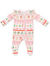 White infant onesie with festive gingerbread and holiday house patterns, featuring a front zipper and ruffled shoulders.