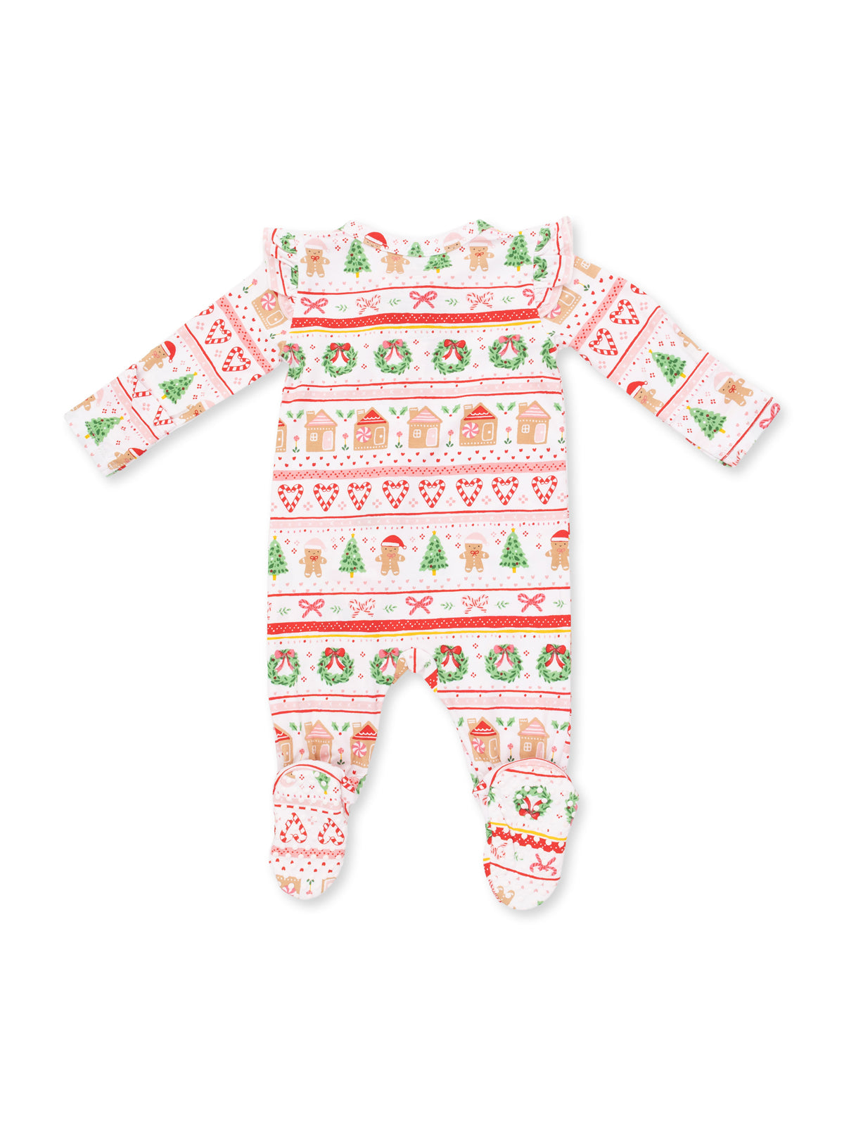 Holiday-themed baby onesie featuring gingerbread, Christmas trees, and decorative patterns in red and green.