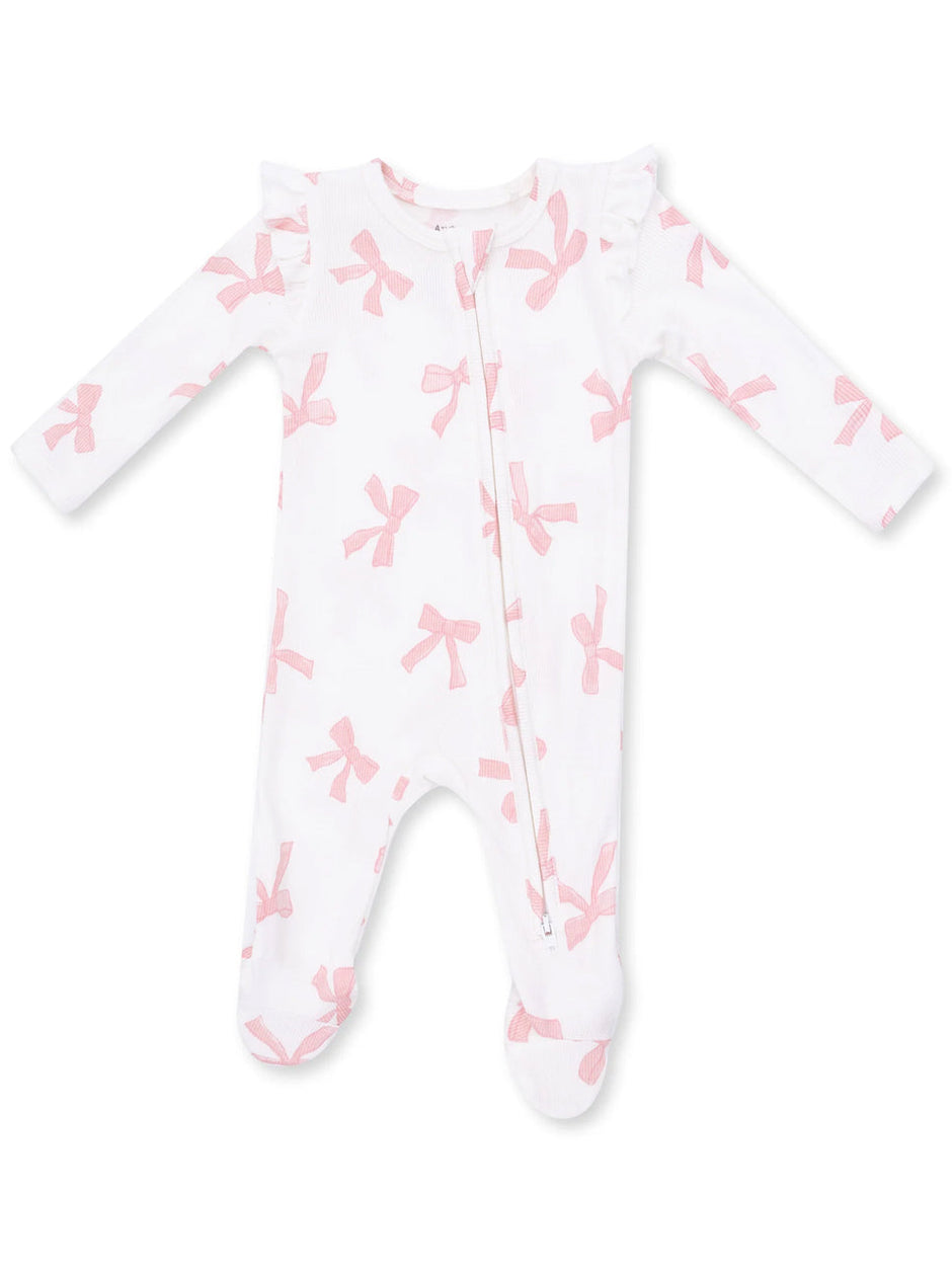 Ribbed Ruffle Sleeve 2-Way Zip Footie, Pretty Bows